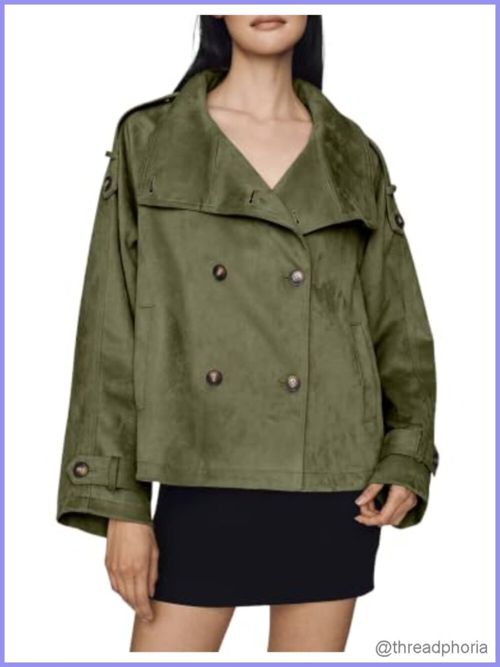 Faux Suede Funnel Neck Trench Coat Double Breasted Cropped Jacket